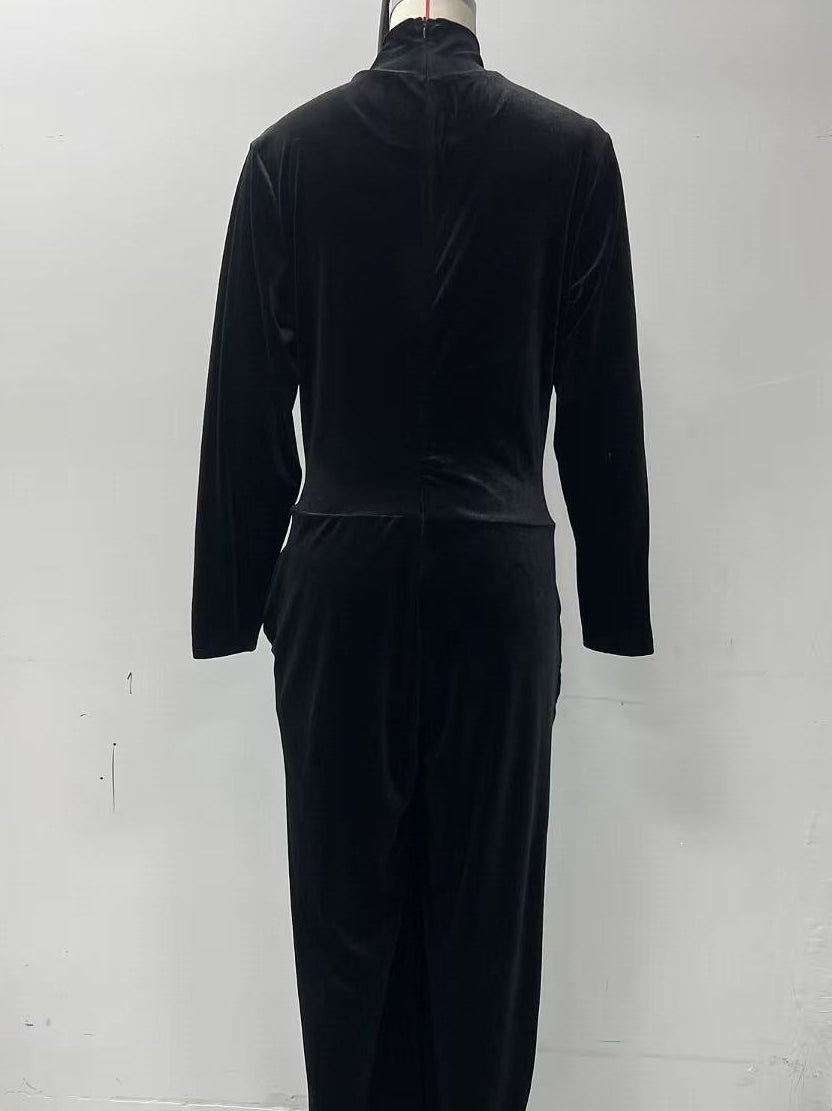 Women's Velvet Mock Turtleneck Chevron-Seam Fitted Bodice Balloon-Leg Jumpsuit