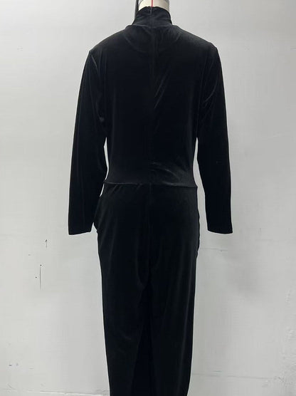 Women's Velvet Mock Turtleneck Chevron-Seam Fitted Bodice Balloon-Leg Jumpsuit