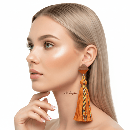 Orange Polyster & Resin Wood Silvertone Tassel Statement Drop Earrings