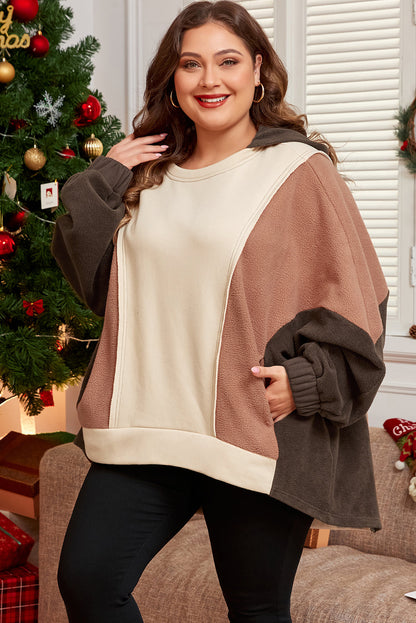 Threaded Pear Brown Exposed Seam Colorblock Plus Size Hoodie