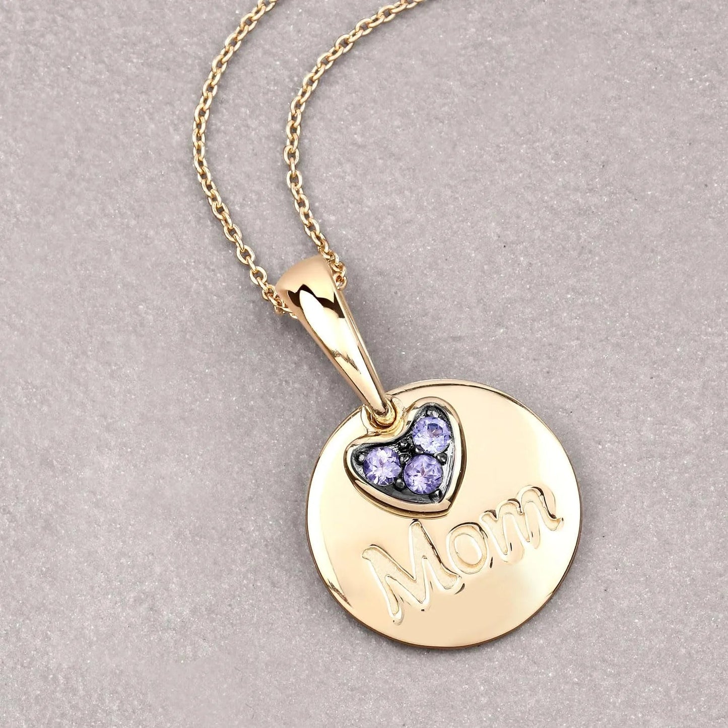 Round Violet Tanzanite Prong Gold Plated Silver Mom Heart Pendant Necklace