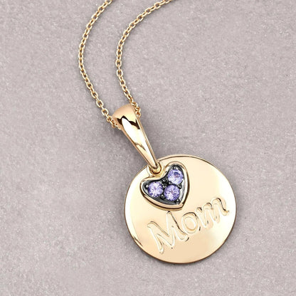 Round Violet Tanzanite Prong Gold Plated Silver Mom Heart Pendant Necklace