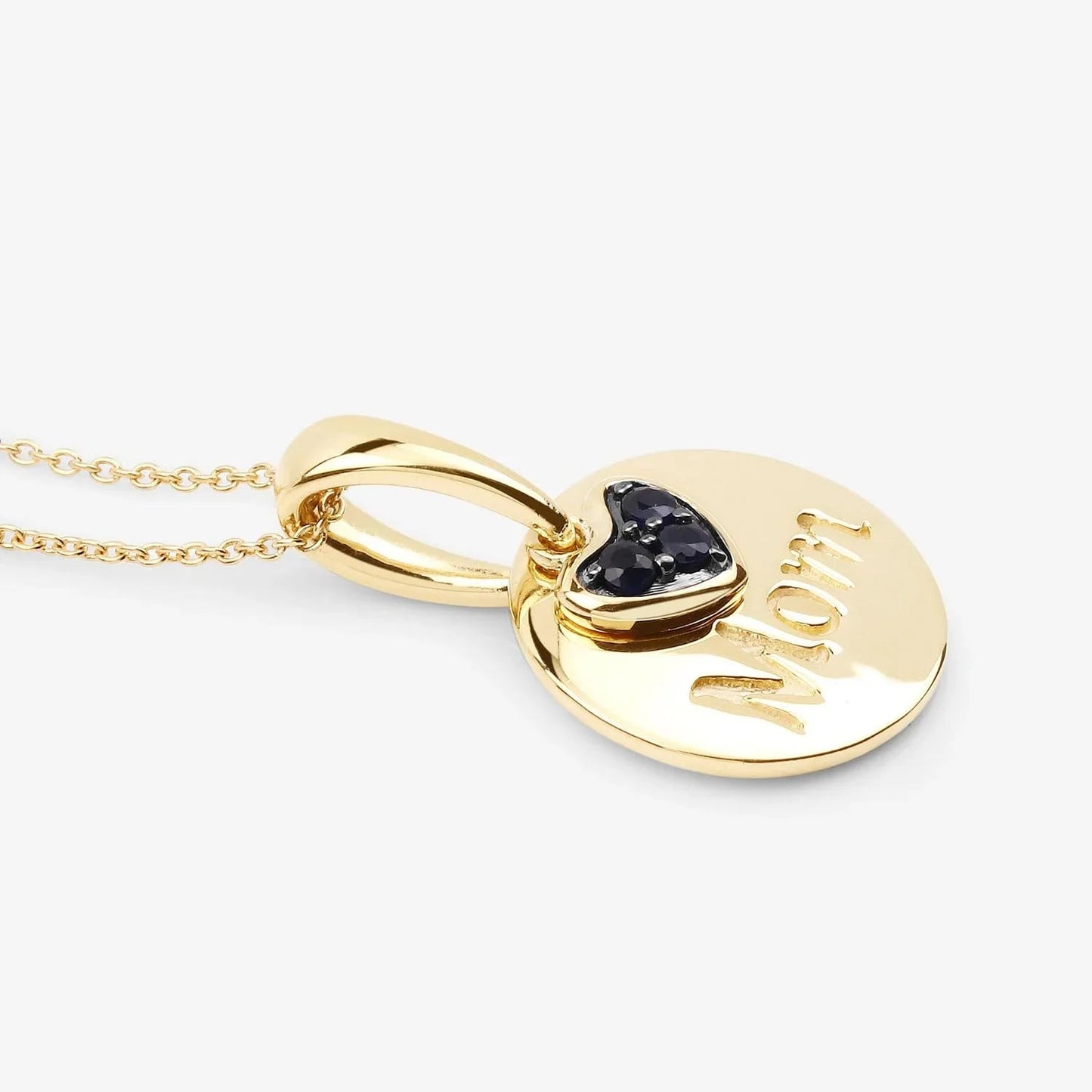 Round Blue Sapphire Prong Gold Plated Silver Mom Heart Pendant Necklace