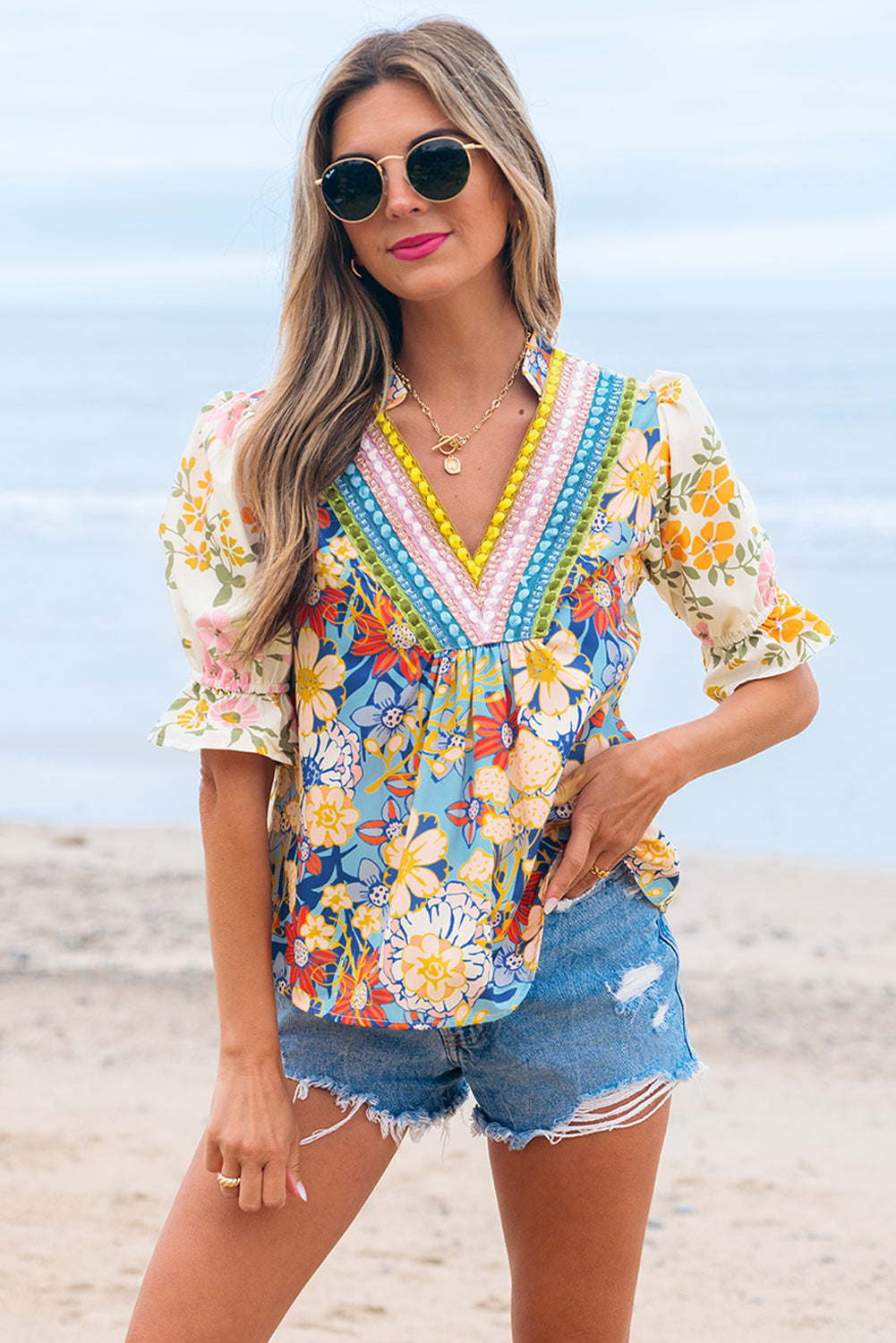 Threaded Pear Gwen Crochet V Neck Boho Floral Blouse