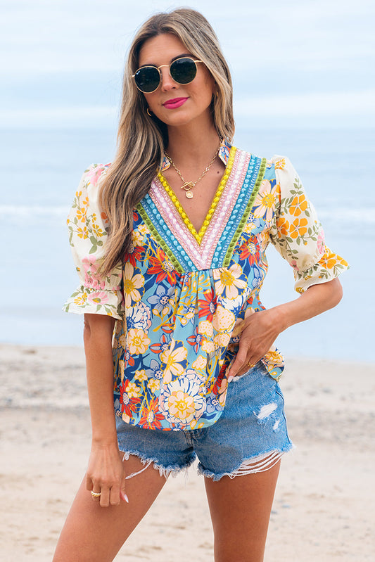 Threaded Pear Gwen Crochet V Neck Boho Floral Blouse