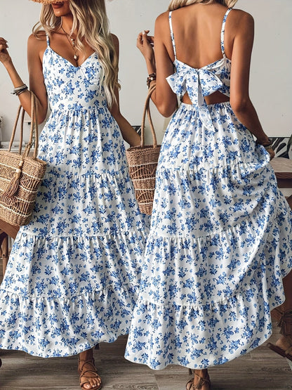 Women’s Floral Backless Maxi Dress – Strappy Dress with Bow & Flowy Skirt
