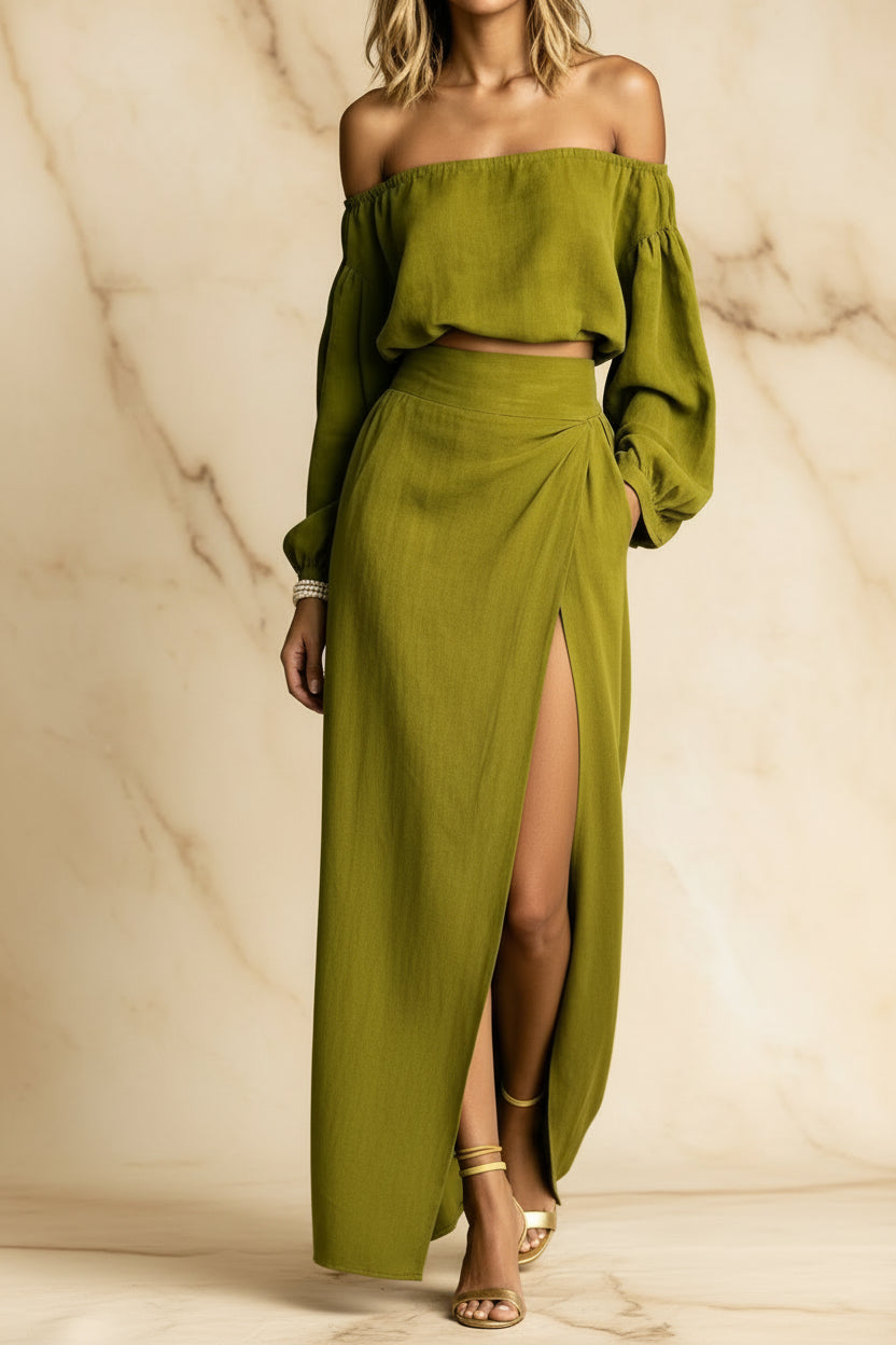Women's Off-Shoulder Puff-Sleeve Crop Top & Wrap-Front High-Slit Maxi Skirt Set