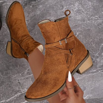 Cross-Strap Side-Zipper Mid-Heel Ankle Boots Women