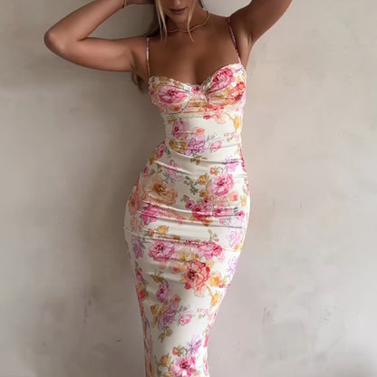 Women’s Floral Bodycon Maxi Dress – Sexy Spaghetti Strap Vacation & Summer Dress