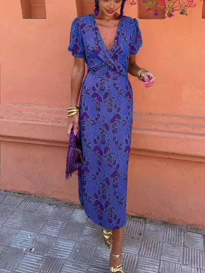 Women's Ruched Maxi Dress – V-Neck Short Sleeve, Form-Fitting Printed Elegant