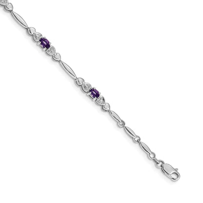 14k White Gold Unisex Oval Amethyst Heart 7 inch Bracelet