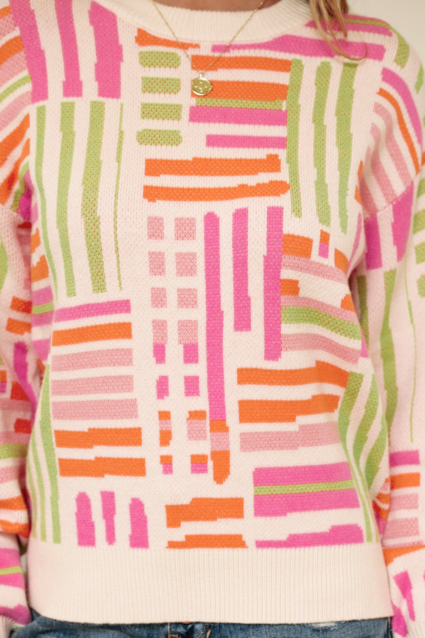 Threaded Pear Tru Pattern Puff Sleeve Sweater