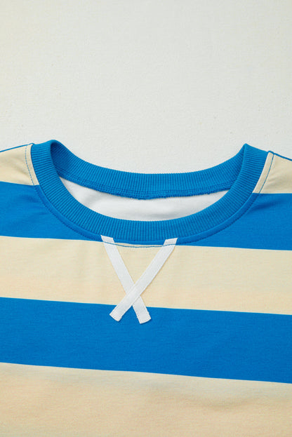 Threaded Pear Blue Stripe Floral Color Block Drop Shoulder Plus Size Pullover Top