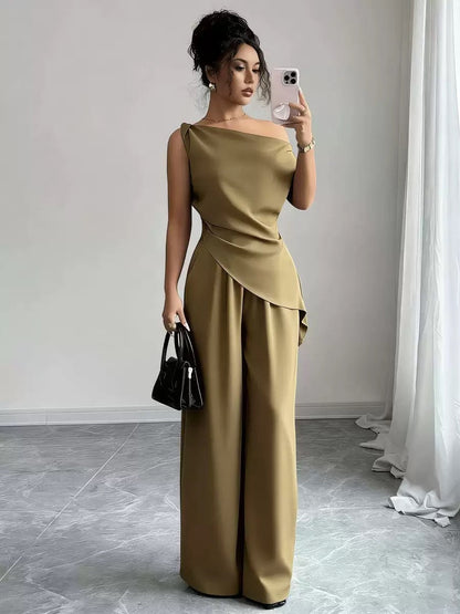 One-Shoulder Asymmetric Top & Wide-Leg Pants 2-Piece Set – Women's Elegant Co-ord Suit