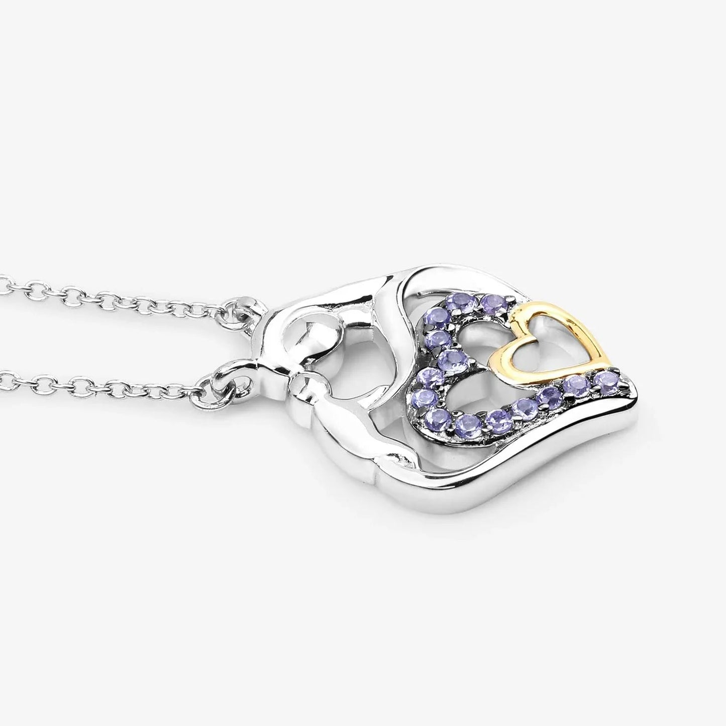 Round Violet Tanzanite Prong Silver Double Heart Pendant Necklace