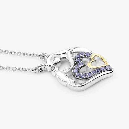 Round Violet Tanzanite Prong Silver Double Heart Pendant Necklace