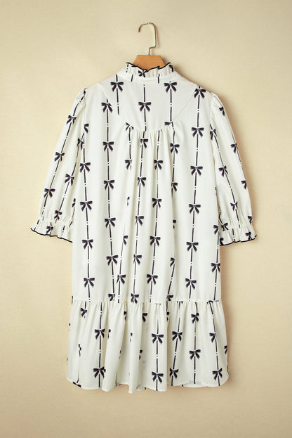 Apricot Striped Bow Print Puff Sleeve Ruffle Plus Size Mini Dress
