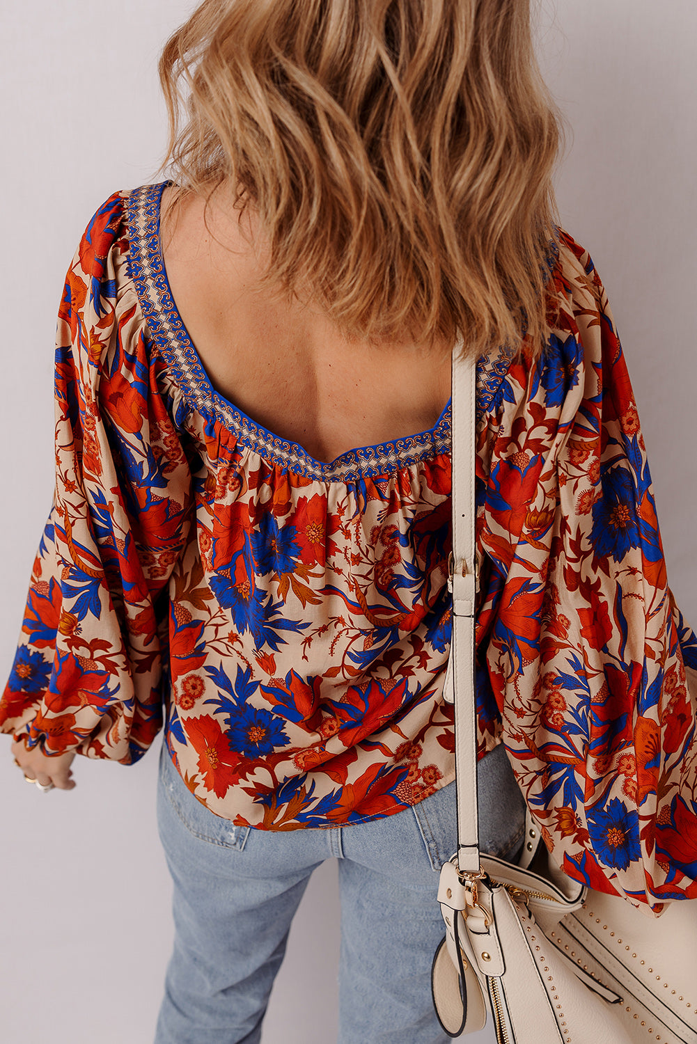 Threaded Pear Adeline Floral Print Square Neck Backless Loose Fit Blouse