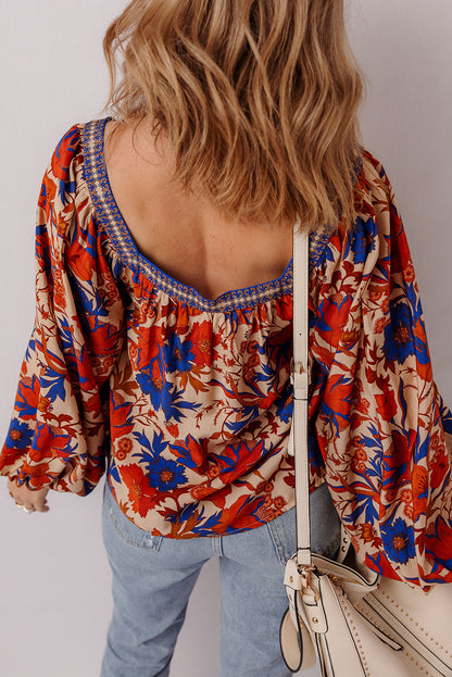 Threaded Pear Adeline Floral Print Square Neck Backless Loose Fit Blouse