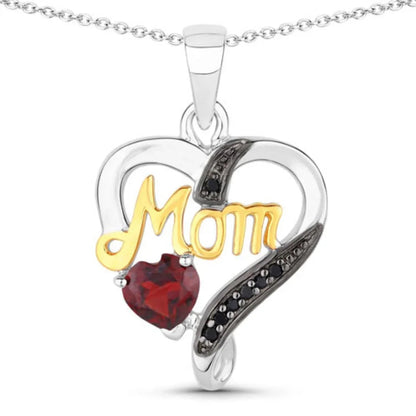 Heart Red Garnet Prong Silver Mom Heart Pendant Necklace