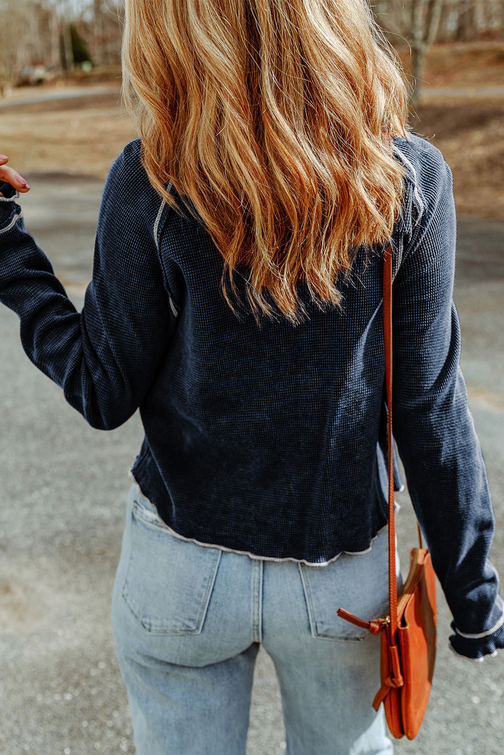 Threaded Pear Cataleya Textured Round Neck Long Sleeve Top