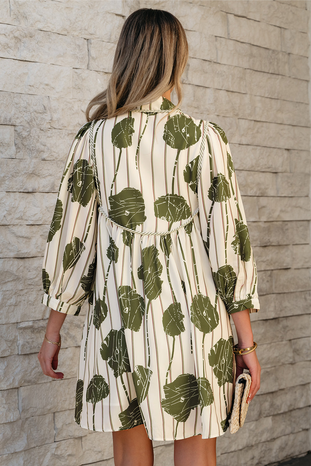 Threaded Pear Angie Floral Striped Piping Puff Sleeve Dress