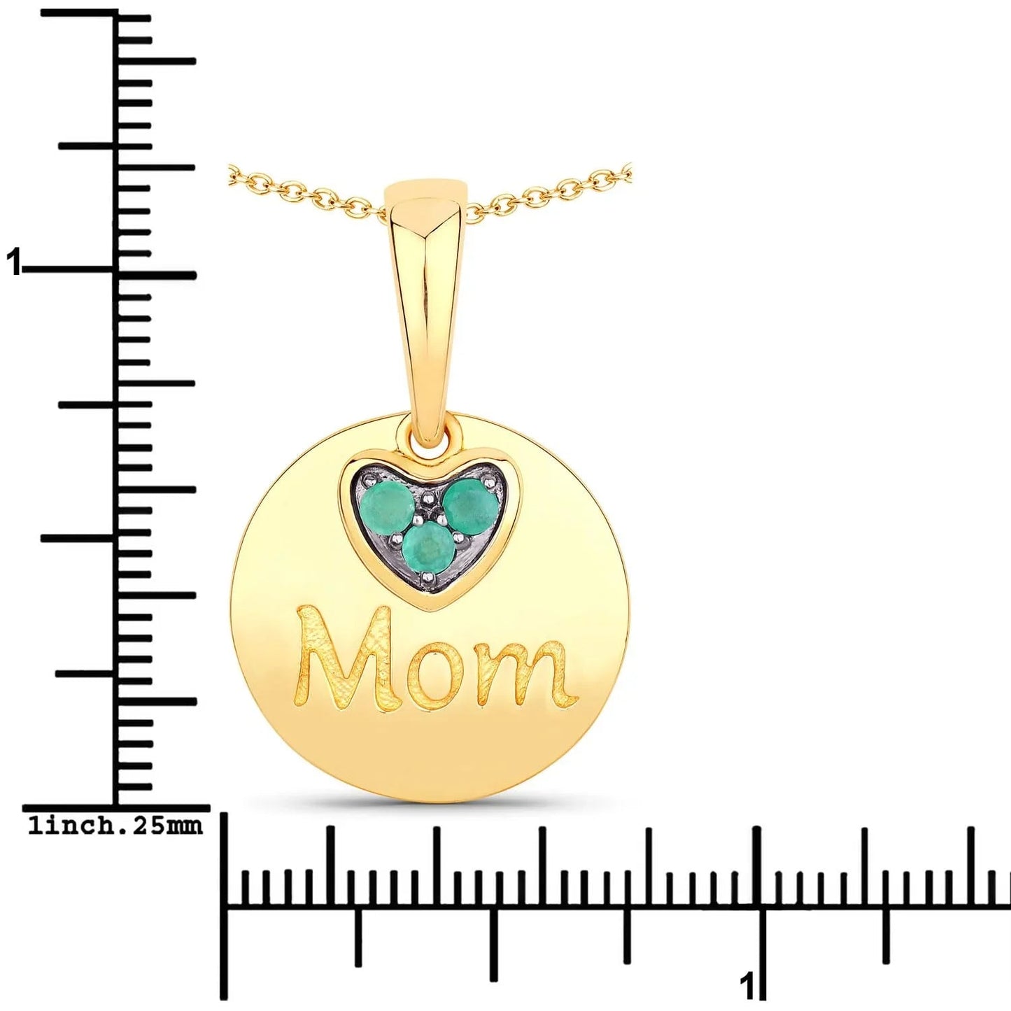 Round Green Emerald Prong Gold Plated Silver Mom Heart Pendant Necklace