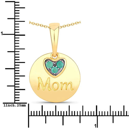 Round Green Emerald Prong Gold Plated Silver Mom Heart Pendant Necklace