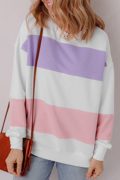 Threaded Pear Beige Colorblock Patchwork Drop Shoulder Crewneck Sweatshirt