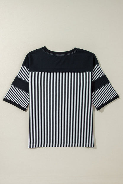 Threaded Pear Aliyah Striped Patchwork 3/4 Sleeve Casual Top