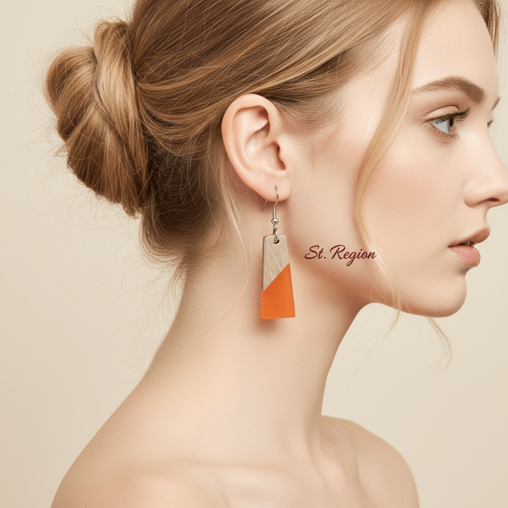 Orange Resin & Wood Silvertone Patchwork Trapezoid? Hook Earrings