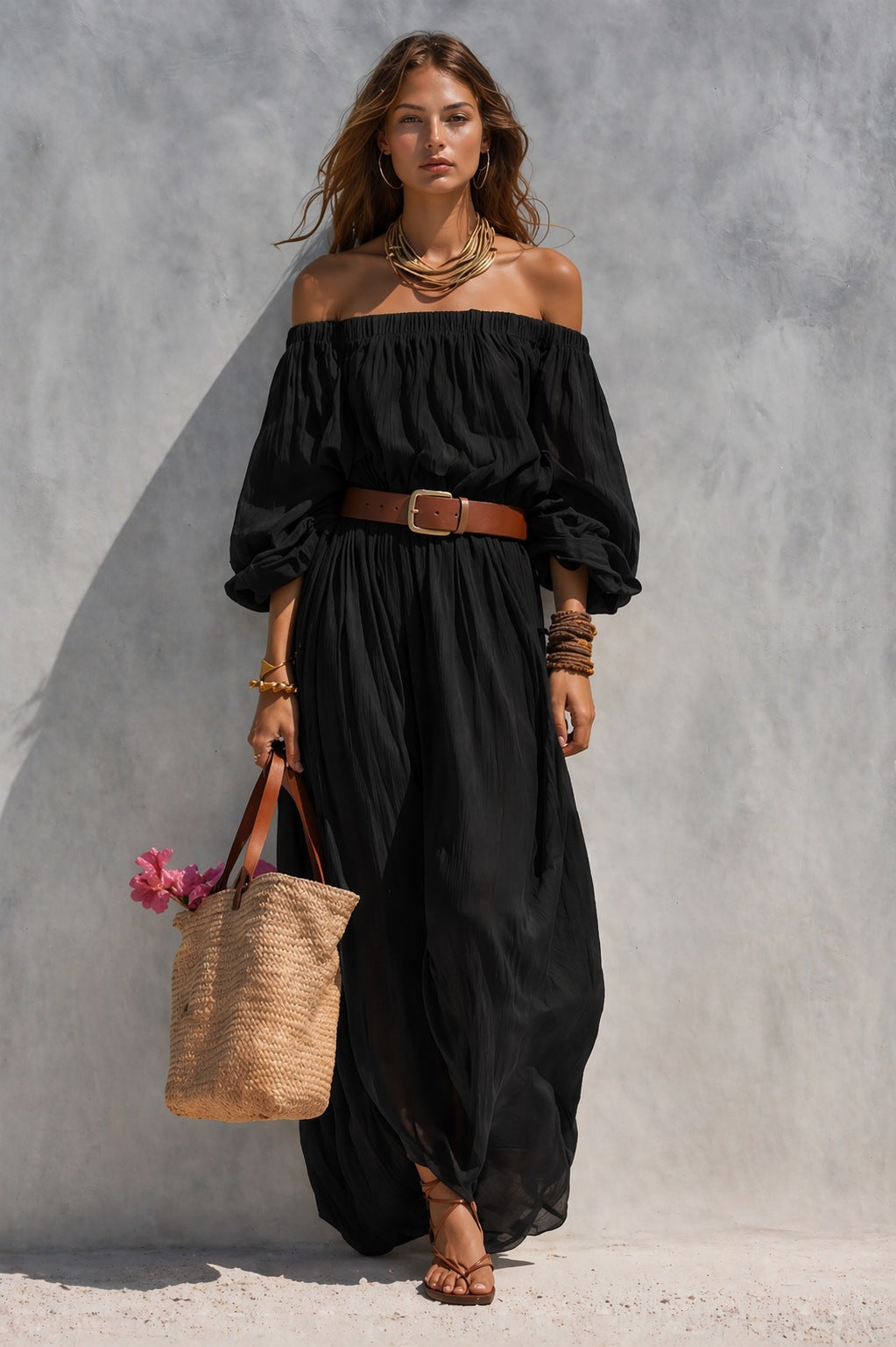cotton linen maxi dress Women's Boat-Neck Sleeveless Cotton-Linen Maxi Dress Black / 2XL