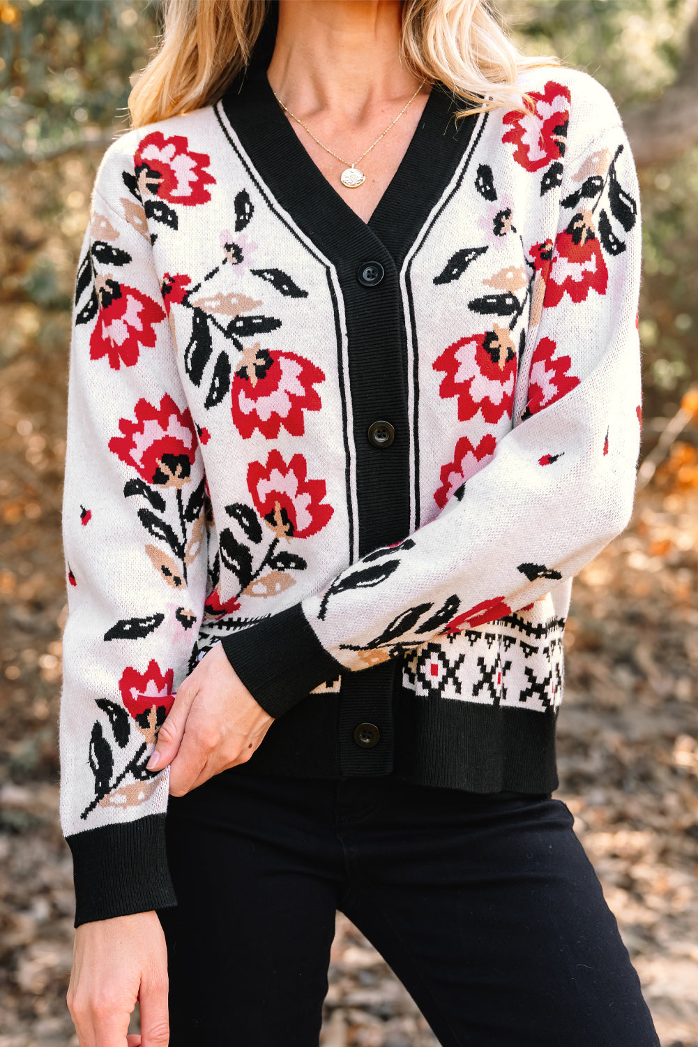 Threaded Pear Selene Print Front Knit Cardigan
