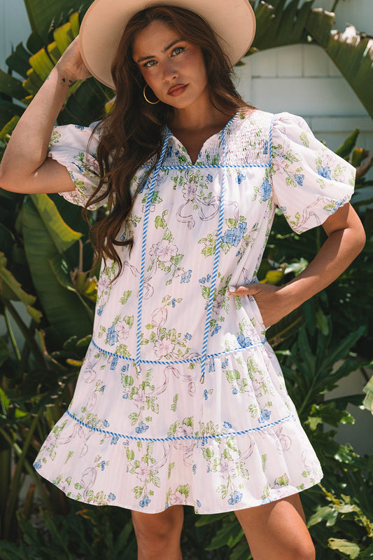 Threaded Pear Celina Floral Striped Trim Tie Split Neck Mini Dress