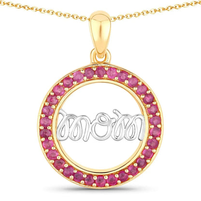 Round Pink Ruby Prong Gold Plated Silver Mom Circle Pendant Necklace