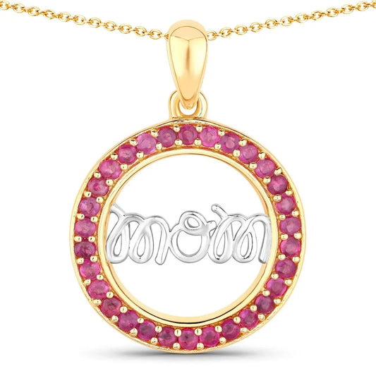 Round Pink Ruby Prong Gold Plated Silver Mom Circle Pendant Necklace