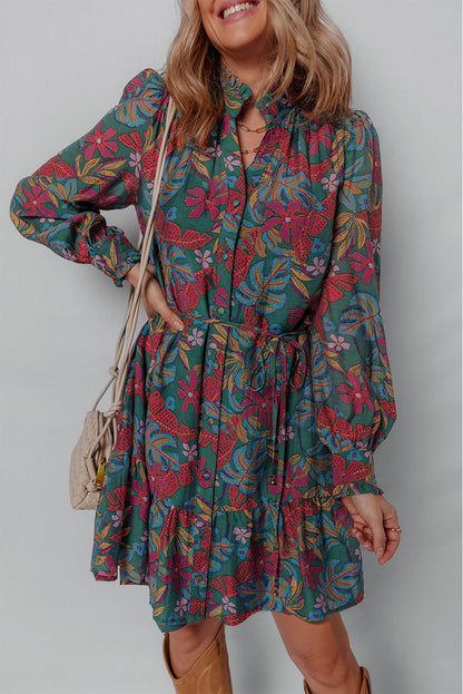 Threaded Pear Maria Floral V Neck Puff Sleeve Dress