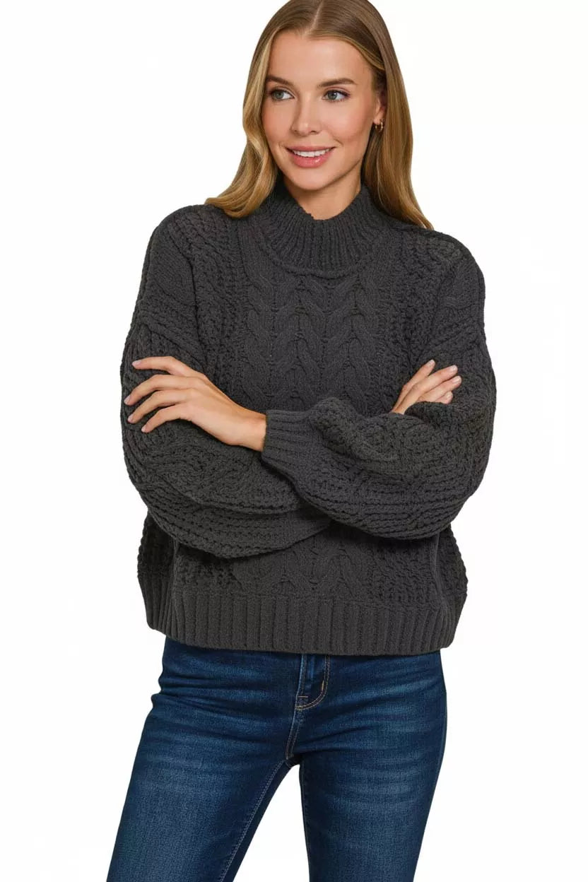 Zenana Cable-Knit Ribbed Turtleneck Sweater
