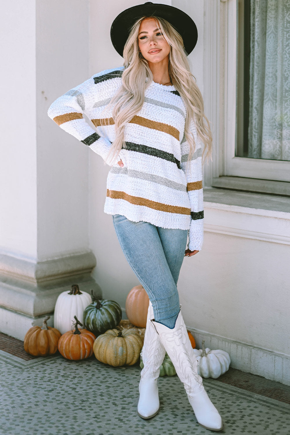 Threaded Pear Cora Striped Popcorn Knit Sweater