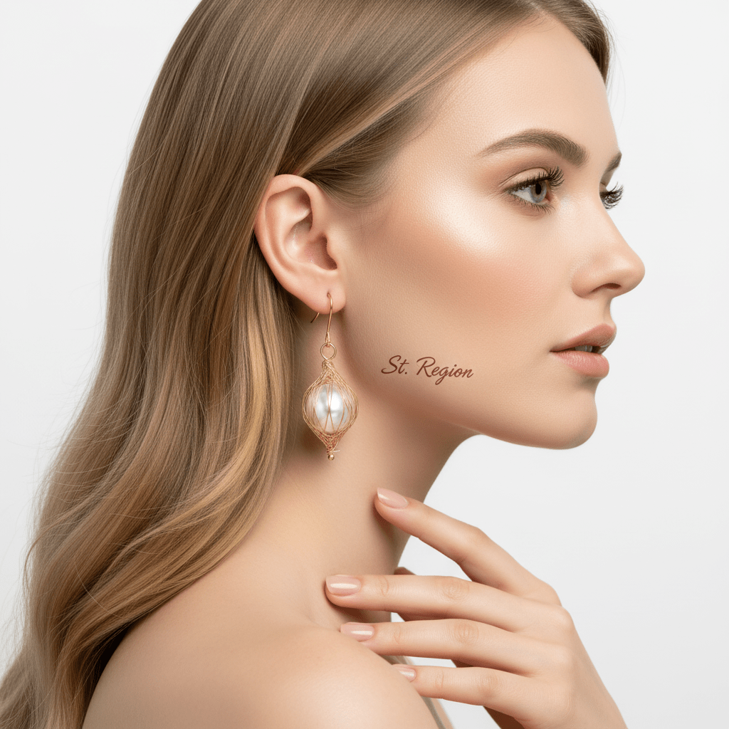 Pearl & Goldtone Artisanal Wire-Mesh Caged Hook Earrings