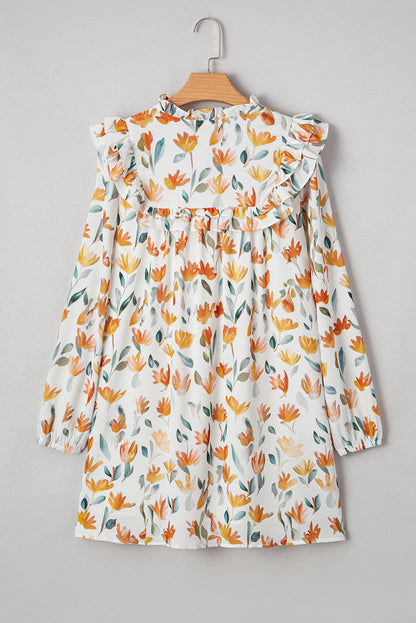 Threaded Pear Katherine Floral Tie Neck Frilled Long Sleeve Dress