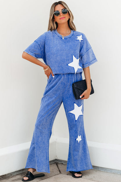 Threaded Pear Arabella Acid Wash Star Patched Rolled Trim Pants Set