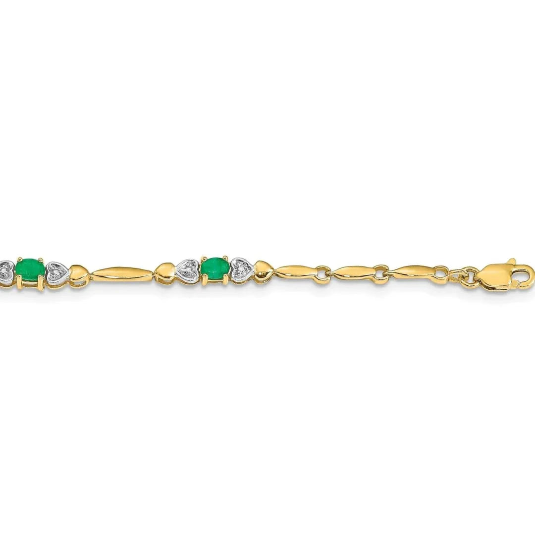 Diamond and Oval Emerald Heart 7 inch Bracelet Gold