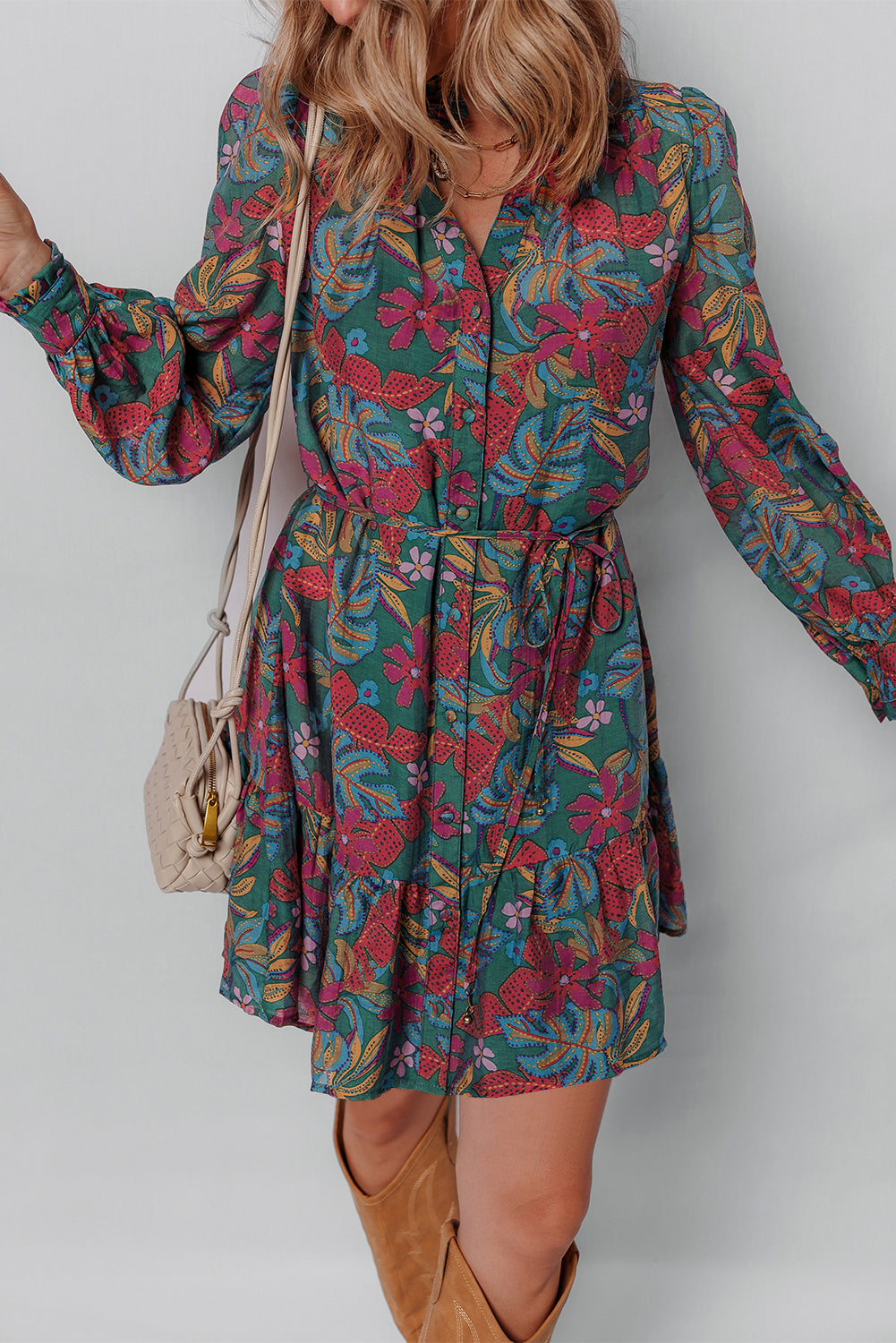 Threaded Pear Maria Floral V Neck Puff Sleeve Dress