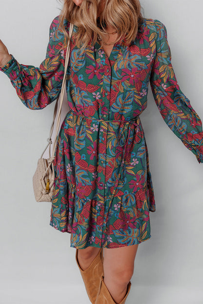 Threaded Pear Maria Floral V Neck Puff Sleeve Dress