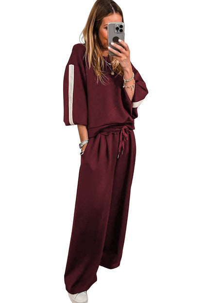 Phoebe Varsity Striped 3/4 Sleeve Pullover Drawstring Sweatpants Set