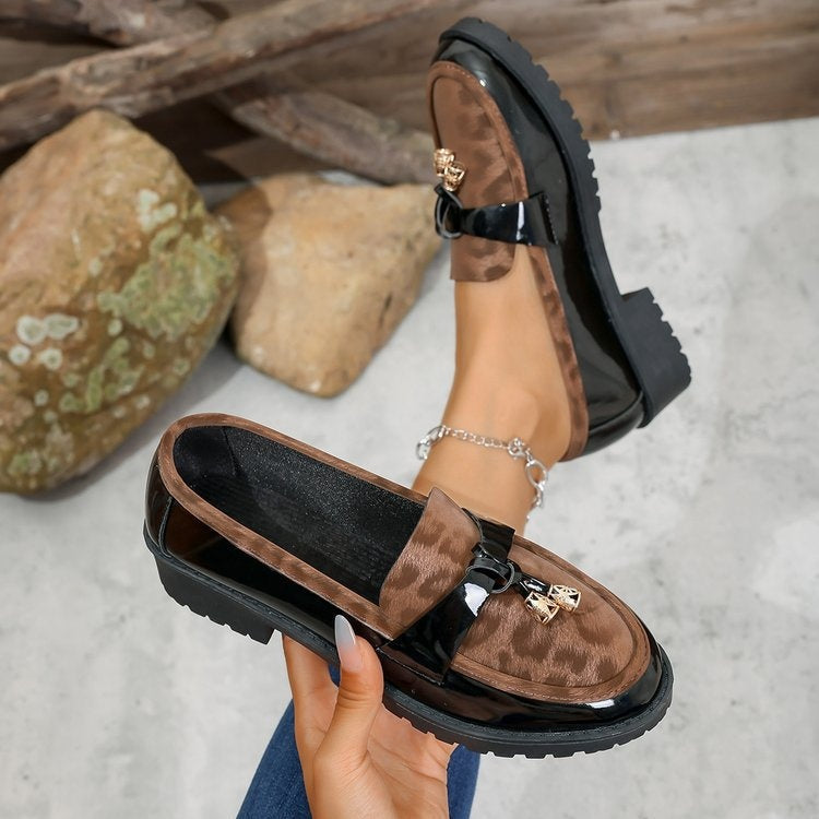 Women's Korean Style Leopard Print Buckle Loafers – Mid-Heel Non-Slip Casual Shoes