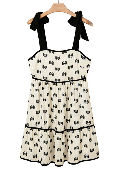 White Bow Knot Color Contrast Trim Knotted Shoulder Mini Dress