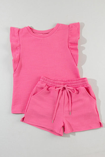 Threaded Pear Pearl Textured Ruffled Sleeve Tee and Shorts Set