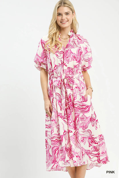 Umgee Abstract Print Smocked Tie Waist Midi Dress